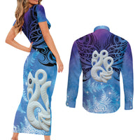 New Zealand Matariki Couples Matching Short Sleeve Bodycon Dress and Long Sleeve Button Shirt Aotearoa Maori New Year Manaia Galaxy Vibes LT14 - Polynesian Pride