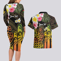 Personalised Vanuatu Independence Day Couples Matching Long Sleeve Bodycon Dress and Hawaiian Shirt Carving Drum Sand Drawing Turtle