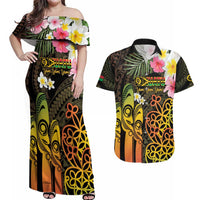 Personalised Vanuatu Independence Day Couples Matching Off Shoulder Maxi Dress and Hawaiian Shirt Carving Drum Sand Drawing Turtle