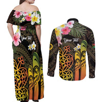 Personalised Vanuatu Independence Day Couples Matching Off Shoulder Maxi Dress and Long Sleeve Button Shirt Carving Drum Sand Drawing Turtle