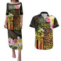 Personalised Vanuatu Independence Day Couples Matching Puletasi and Hawaiian Shirt Carving Drum Sand Drawing Turtle