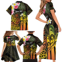 Personalised Vanuatu Independence Day Family Matching Short Sleeve Bodycon Dress and Hawaiian Shirt Carving Drum Sand Drawing Turtle