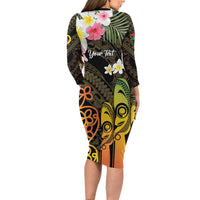 Personalised Vanuatu Independence Day Long Sleeve Bodycon Dress Carving Drum Sand Drawing Turtle