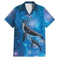 Paikea New Zealand Matariki Family Matching Long Sleeve Bodycon Dress and Hawaiian Shirt Humpback Whale Taniko Motifs Ocean Vibes LT14 Dad's Shirt - Short Sleeve Blue - Polynesian Pride