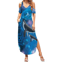 Paikea New Zealand Matariki Summer Maxi Dress Humpback Whale Taniko Motifs Ocean Vibes LT14 Women Blue - Polynesian Pride