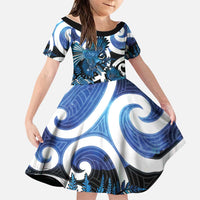 Piwakawaka New Zealand Matariki Family Matching Short Sleeve Bodycon Dress and Hawaiian Shirt Maori New Year Silver Fern Blue Galaxy LT14 Daughter's Dress Blue - Polynesian Pride