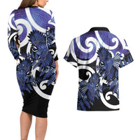Piwakawaka New Zealand Matariki Couples Matching Long Sleeve Bodycon Dress and Hawaiian Shirt Maori New Year Silver Fern Purple Galaxy LT14 - Polynesian Pride