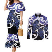 Piwakawaka New Zealand Matariki Couples Matching Mermaid Dress and Long Sleeve Button Shirt Maori New Year Silver Fern Purple Galaxy LT14 Purple - Polynesian Pride