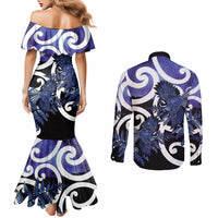 Piwakawaka New Zealand Matariki Couples Matching Mermaid Dress and Long Sleeve Button Shirt Maori New Year Silver Fern Purple Galaxy LT14 - Polynesian Pride