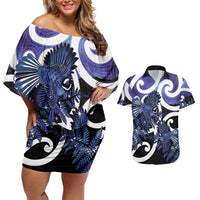 Piwakawaka New Zealand Matariki Couples Matching Off Shoulder Short Dress and Hawaiian Shirt Maori New Year Silver Fern Purple Galaxy LT14 Purple - Polynesian Pride