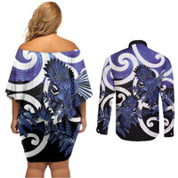 Piwakawaka New Zealand Matariki Couples Matching Off Shoulder Short Dress and Long Sleeve Button Shirt Maori New Year Silver Fern Purple Galaxy LT14 - Polynesian Pride