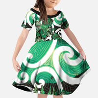 Piwakawaka New Zealand Matariki Family Matching Off Shoulder Maxi Dress and Hawaiian Shirt Maori New Year Silver Fern Green Galaxy LT14 Daughter's Dress Green - Polynesian Pride