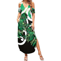 Piwakawaka New Zealand Matariki Family Matching Summer Maxi Dress and Hawaiian Shirt Maori New Year Silver Fern Green Galaxy LT14 Mom's Dress Green - Polynesian Pride