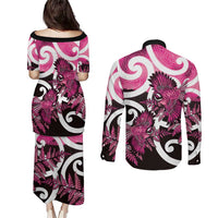 Piwakawaka New Zealand Matariki Couples Matching Puletasi and Long Sleeve Button Shirt Maori New Year Silver Fern Pink Galaxy LT14 - Polynesian Pride
