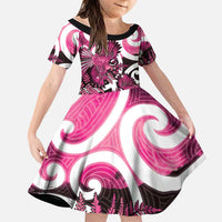 Piwakawaka New Zealand Matariki Family Matching Off Shoulder Maxi Dress and Hawaiian Shirt Maori New Year Silver Fern Pink Galaxy LT14 Daughter's Dress Pink - Polynesian Pride