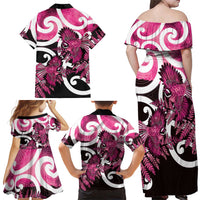 Piwakawaka New Zealand Matariki Family Matching Off Shoulder Maxi Dress and Hawaiian Shirt Maori New Year Silver Fern Pink Galaxy LT14 - Polynesian Pride