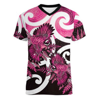 Piwakawaka New Zealand Matariki Women V-Neck T-Shirt Maori New Year Silver Fern Pink Galaxy LT14 Female Pink - Polynesian Pride