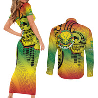 Hawaii Flag Day Couples Matching Short Sleeve Bodycon Dress and Long Sleeve Button Shirt Kanaka Maoli With Kakau Polynesian Pattern LT14