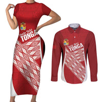 Tonga Rugby Custom Couples Matching Short Sleeve Bodycon Dress and Long Sleeve Button Shirt Go ʻIkale Tahi Go Tongan Tapa Cloth