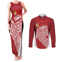 Tonga Rugby Custom Couples Matching Tank Maxi Dress and Long Sleeve Button Shirt Go ʻIkale Tahi Go Tongan Tapa Cloth LT14 Red - Polynesian Pride