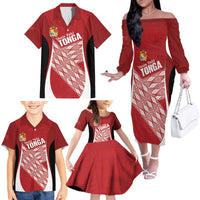 Tonga Rugby Custom Family Matching Off The Shoulder Long Sleeve Dress and Hawaiian Shirt Go ʻIkale Tahi Go Tongan Tapa Cloth