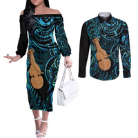 Kotiate New Zealand Couples Matching Off The Shoulder Long Sleeve Dress and Long Sleeve Button Shirt Maori Weapon Paua Shell Haka Fern LT14 Turquoise - Polynesian Pride