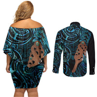Maripi New Zealand Couples Matching Off Shoulder Short Dress and Long Sleeve Button Shirt Maori Weapon Paua Shell Haka Fern LT14 - Polynesian Pride
