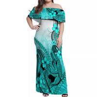 Hawaii Off Shoulder Maxi Dress Polynesian Shark Tattoo With Plumeria Turquoise Gradient LT14 Women Turquoise - Polynesian Pride