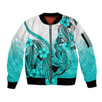 Hawaii Sleeve Zip Bomber Jacket Polynesian Shark Tattoo With Plumeria Turquoise Gradient LT14 Unisex Turquoise - Polynesian Pride
