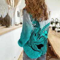 Hawaii Women Casual Shirt Polynesian Shark Tattoo With Plumeria Turquoise Gradient LT14 - Polynesian Pride