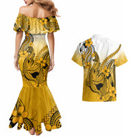 Hawaii Couples Matching Mermaid Dress And Hawaiian Shirt Polynesian Shark Tattoo With Plumeria Gold Gradient LT14 - Polynesian Pride