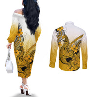 Hawaii Couples Matching Off The Shoulder Long Sleeve Dress and Long Sleeve Button Shirts Polynesian Shark Tattoo With Plumeria Gold Gradient LT14 - Polynesian Pride