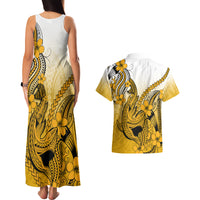 Hawaii Couples Matching Tank Maxi Dress And Hawaiian Shirt Polynesian Shark Tattoo With Plumeria Gold Gradient LT14 - Polynesian Pride