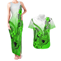 Hawaii Couples Matching Tank Maxi Dress And Hawaiian Shirt Polynesian Shark Tattoo With Plumeria Green Gradient LT14 Green - Polynesian Pride