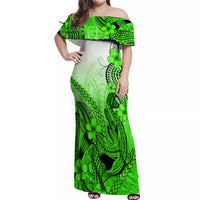 Hawaii Off Shoulder Maxi Dress Polynesian Shark Tattoo With Plumeria Green Gradient LT14 Women Green - Polynesian Pride