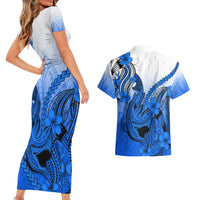 Hawaii Couples Matching Short Sleeve Bodycon Dress and Hawaiian Shirt Polynesian Shark Tattoo With Plumeria Blue Gradient LT14 - Polynesian Pride