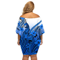 Hawaii Off Shoulder Short Dress Polynesian Shark Tattoo With Plumeria Blue Gradient LT14 - Polynesian Pride