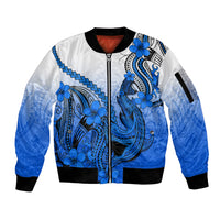 Hawaii Sleeve Zip Bomber Jacket Polynesian Shark Tattoo With Plumeria Blue Gradient LT14 Unisex Blue - Polynesian Pride