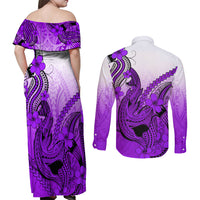 Hawaii Couples Matching Off Shoulder Maxi Dress and Long Sleeve Button Shirts Polynesian Shark Tattoo With Plumeria Purple Gradient LT14 - Polynesian Pride