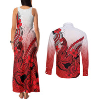 Hawaii Couples Matching Tank Maxi Dress and Long Sleeve Button Shirts Polynesian Shark Tattoo With Plumeria Red Gradient LT14 - Polynesian Pride