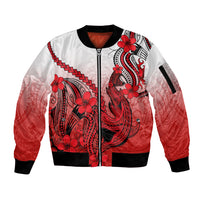 Hawaii Sleeve Zip Bomber Jacket Polynesian Shark Tattoo With Plumeria Red Gradient LT14 Unisex Red - Polynesian Pride
