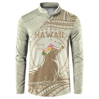 Personalised Hawaii Monk Seal Button Sweatshirt Polynesian Tattoo With Tropical Flowers - Beige Pastel