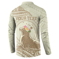 Personalised Hawaii Monk Seal Button Sweatshirt Polynesian Tattoo With Tropical Flowers - Beige Pastel
