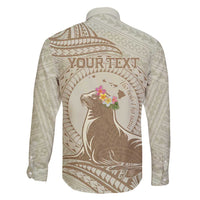 Personalised Hawaii Monk Seal Family Matching Long Sleeve Bodycon Dress and Hawaiian Shirt Polynesian Tattoo With Tropical Flowers - Beige Pastel