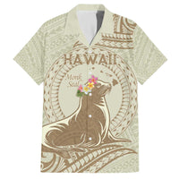 Personalised Hawaii Monk Seal Family Matching Off The Shoulder Long Sleeve Dress and Hawaiian Shirt Polynesian Tattoo With Tropical Flowers - Beige Pastel