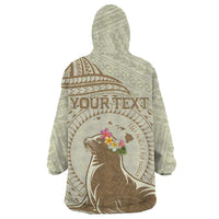 Personalised Hawaii Monk Seal Wearable Blanket Hoodie Polynesian Tattoo With Tropical Flowers - Beige Pastel