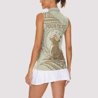 Personalised Hawaii Monk Seal Women Sleeveless Polo Shirt Polynesian Tattoo With Tropical Flowers - Beige Pastel