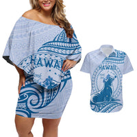 Personalised Hawaii Monk Seal Couples Matching Off Shoulder Short Dress and Hawaiian Shirt Polynesian Tattoo With Tropical Flowers - Blue Pastel