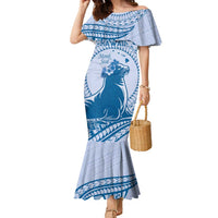 Personalised Hawaii Monk Seal Family Matching Mermaid Dress and Hawaiian Shirt Polynesian Tattoo With Tropical Flowers - Blue Pastel