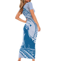 Personalised Hawaii Monk Seal Short Sleeve Bodycon Dress Polynesian Tattoo With Tropical Flowers - Blue Pastel